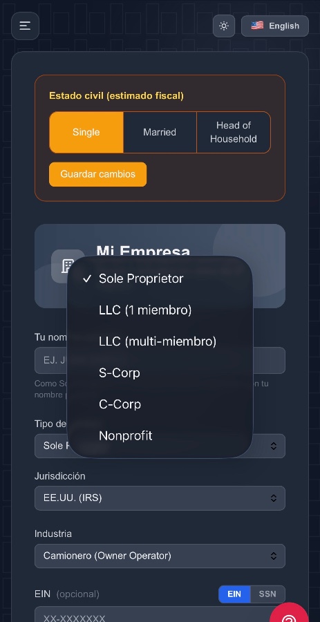 Selección de tipo de entidad fiscal