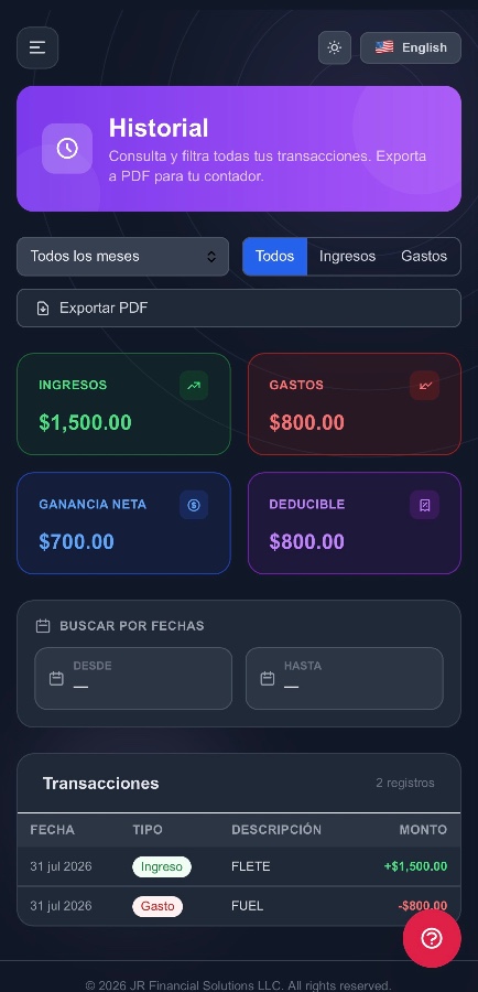 Historial de transacciones — filtros y exportar PDF